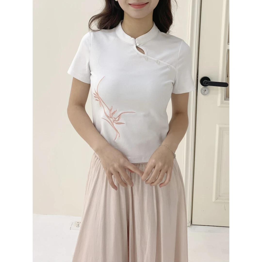 Q鹿向南《屿竹》白色新中式修身t恤女夏短款国风正肩白色体恤L33872