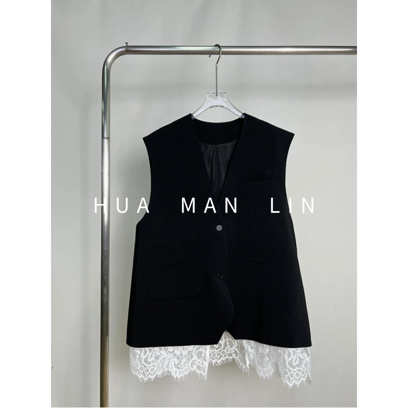 【花满林】V领下摆拼接花边蕾丝马夹35016