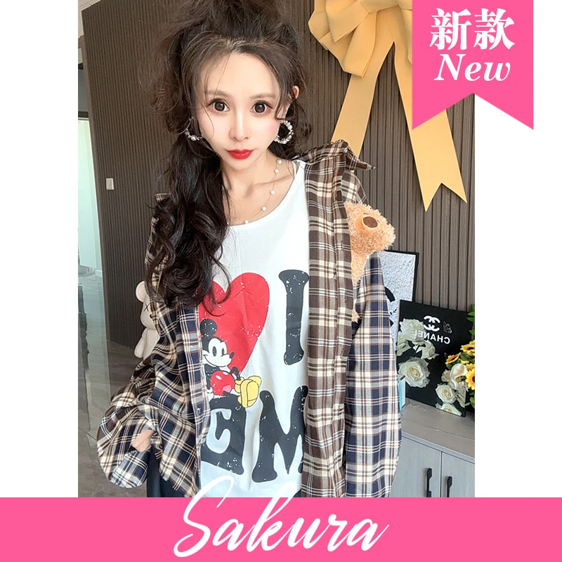 新款韩版慵懒风翻领格子长袖衬衫搭字母印花背心休闲减龄两件套