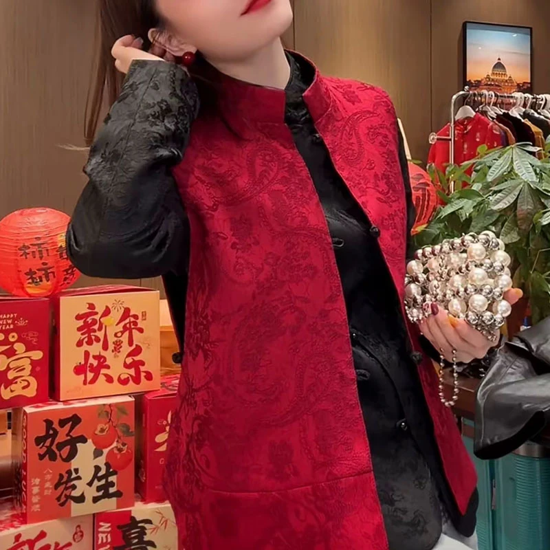 【锦轩阁】新中式立领马夹两面穿中国风提花缎面盘扣高档马甲07888