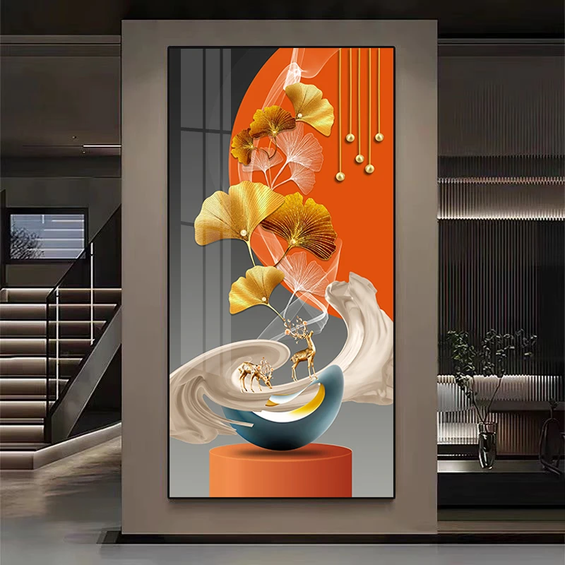 现代走廊玄关装饰画杏福满禄定制设计玄关装饰画晶瓷镶钻玄关挂画