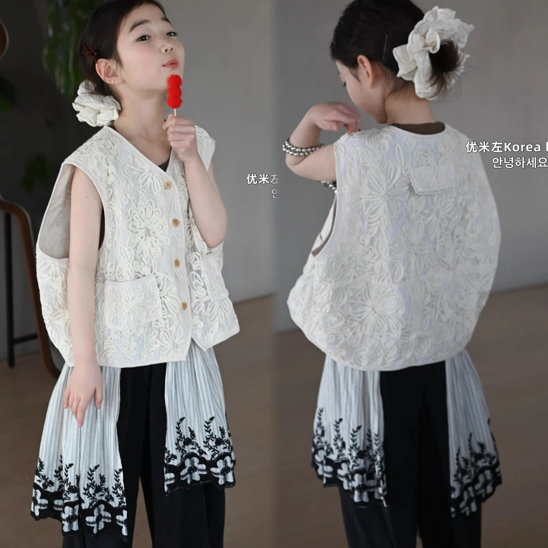 女童夏季套装设计师款时尚女童马甲民族风2025新款女孩外套无袖潮