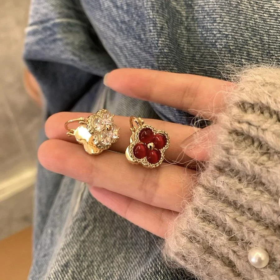 铜合金锆石耳饰 镶树脂花朵双面耳扣轻奢高级感耳环中古风时尚百