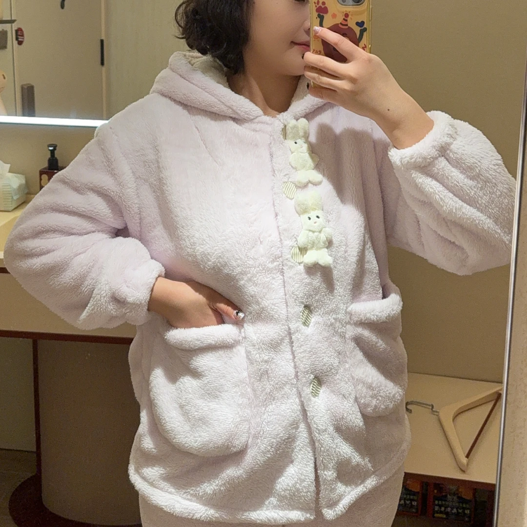 秋冬季加绒可外穿糖果色系女士睡衣家居服连帽珊瑚绒