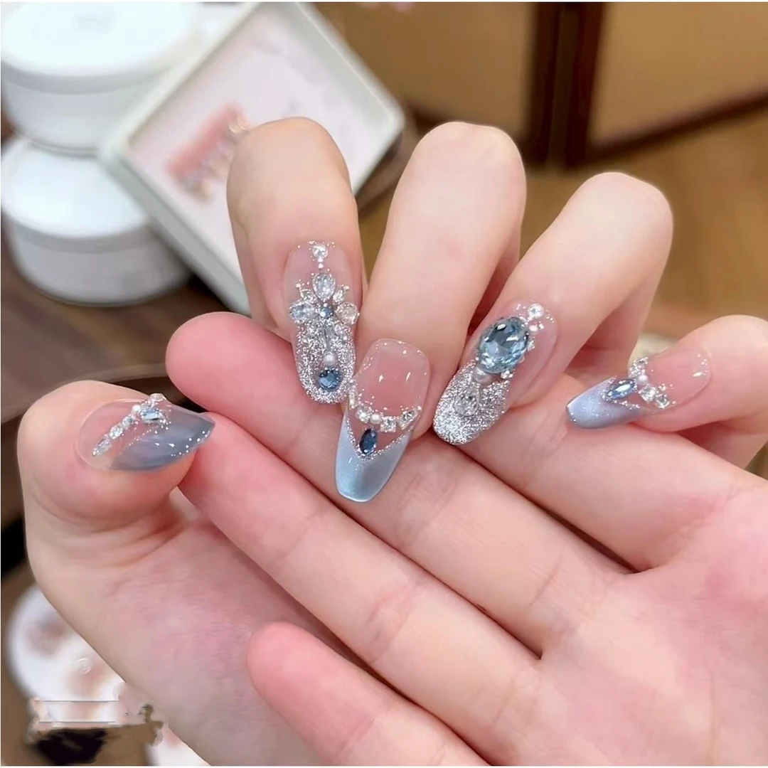 【海盐冰晶】纯手工穿戴甲蓝色猫眼美甲小众高级秋冬显白穿戴款美甲