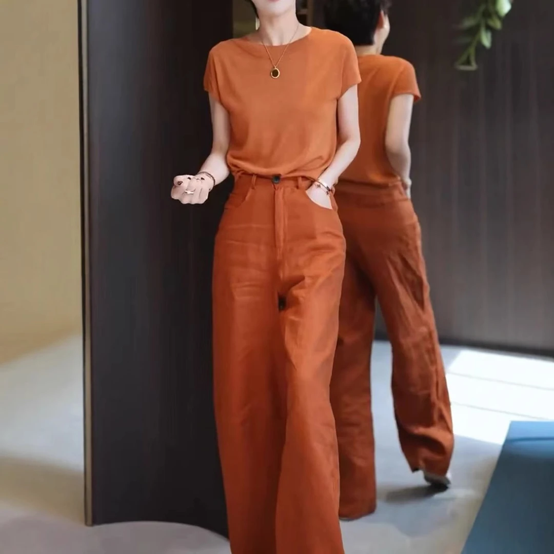 中年女装2025夏季新款纯色圆领短袖T恤宽松阔腿裤时尚女潮两件套
