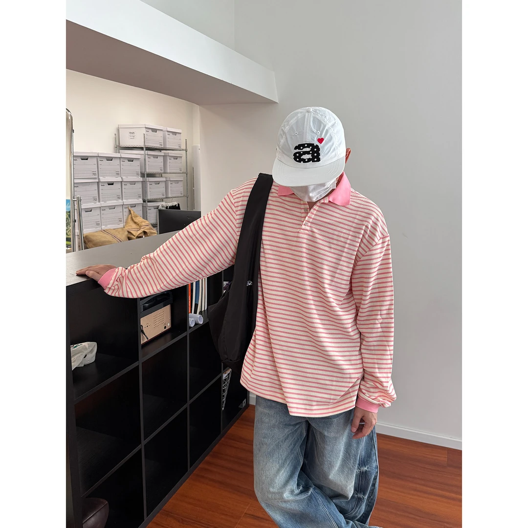 19studio WAYNEPRINCE 美式复古翻领条纹长袖T恤休闲宽松上衣男女