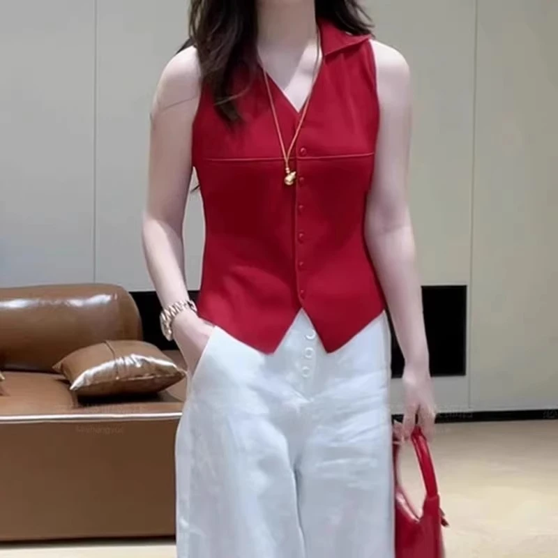 收腰显瘦polo领针织上衣大码夏新款胖mm气质高级感翻领无袖背心女