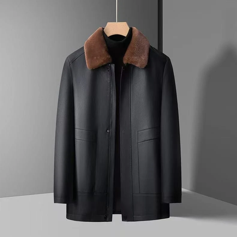【HN皇冠】冬季休闲皮衣保暖中长款翻领修身中年毛领高档商务时尚