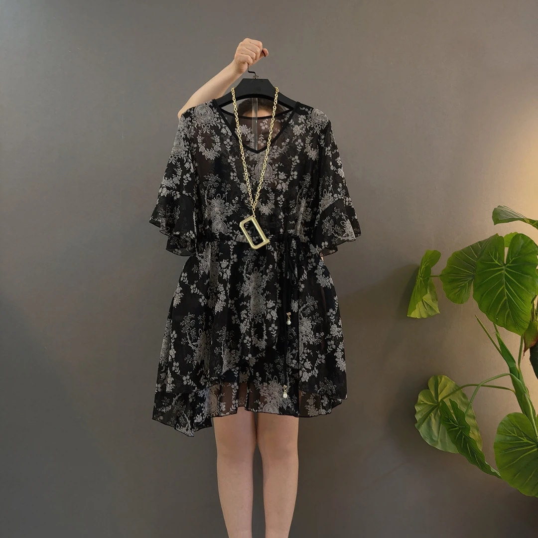 夏季新款宽松遮肉显瘦碎花收腰短袖雪纺衫女