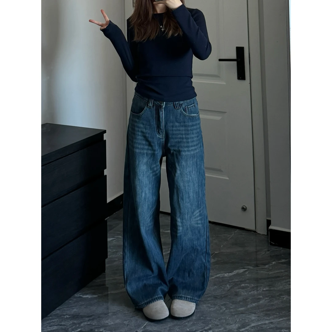 【秋秋ootd】 深蓝水洗阔腿牛仔裤高腰宽松显瘦直筒垂感拖地裤女