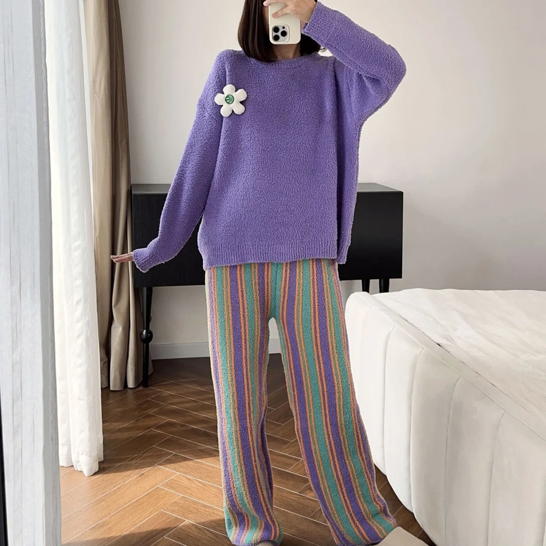 新款软绵绵百搭睡衣女冬季珊瑚绒条纹甜美家居服高级感外穿套装潮