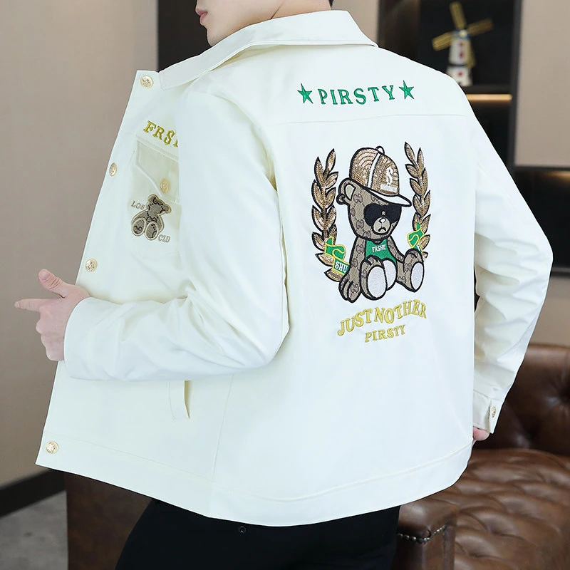 霍科比特秋季时尚翻领夹克男士潮流小熊印花长袖刺绣百搭白色外套