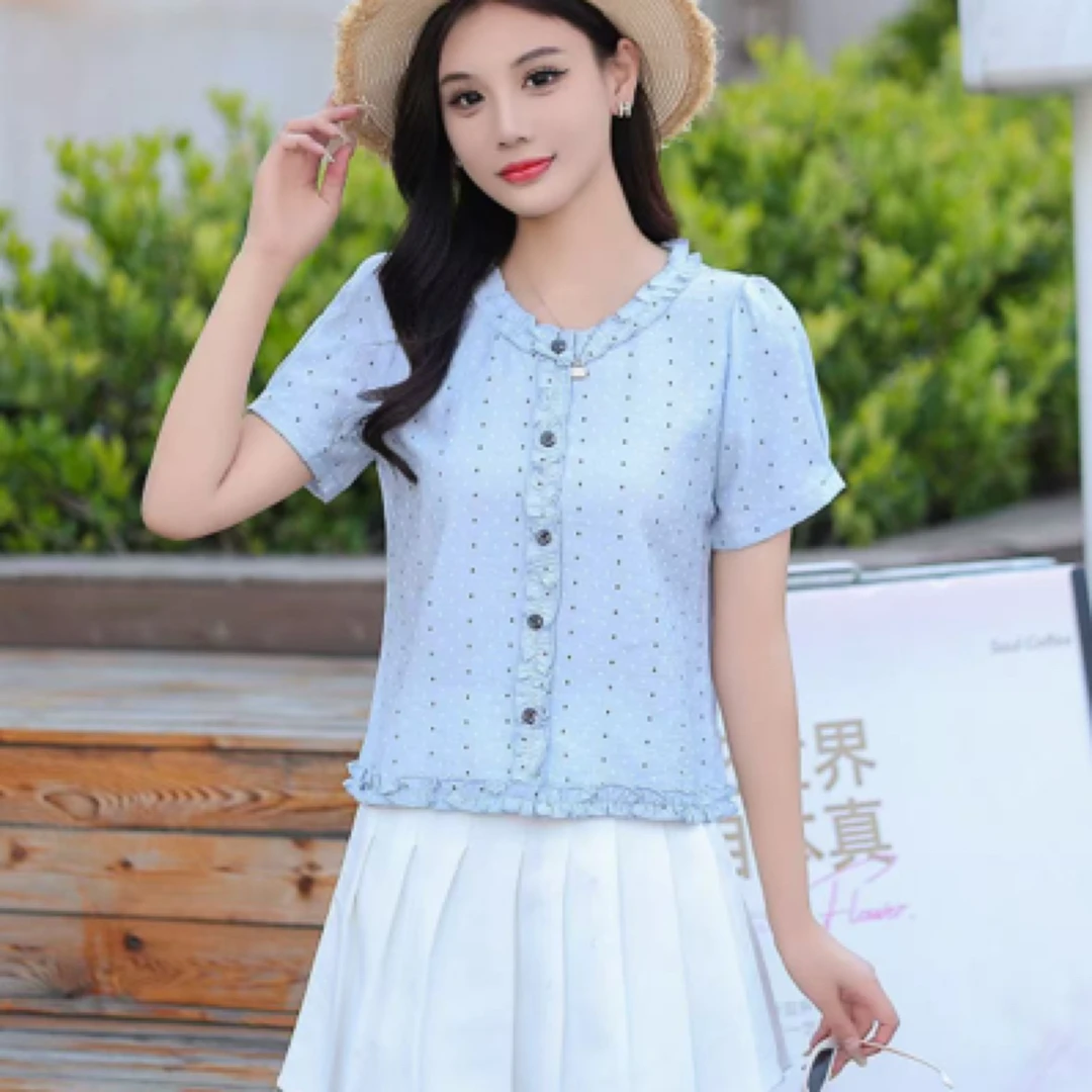 2537#【衣长53】夏季新款法式波点短袖衬衫时尚蕾丝花边V领减龄上衣