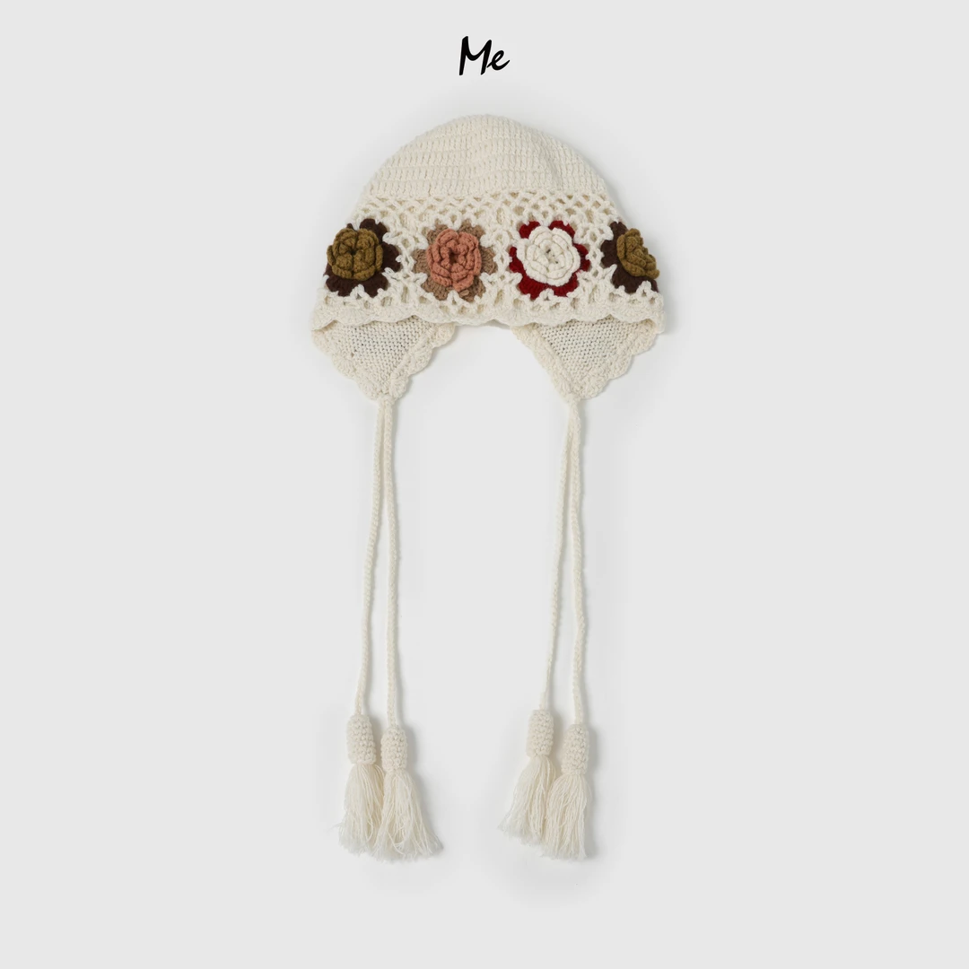 ME【100%绵羊毛花朵流苏帽】复古手工勾花时尚百搭针织帽子MESA2350