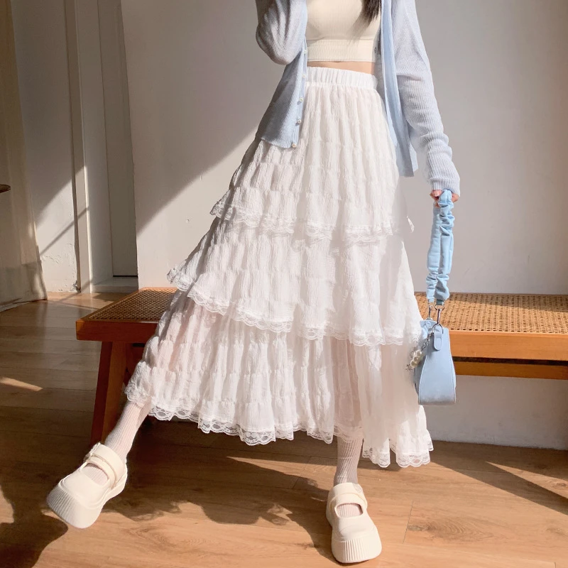 温柔甜美蕾丝半身裙女高腰垂感A字蛋糕裙蓬蓬裙肌理感雪纺纱纱裙