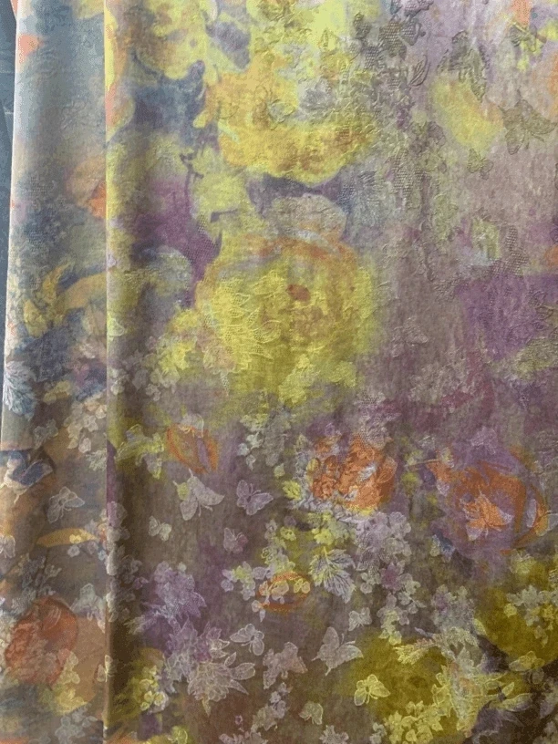 油画牡丹  花箩香云纱布料
