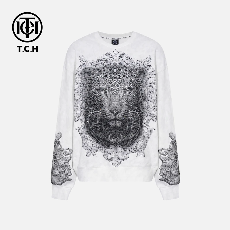 TCH【时尚炸街】秋冬豹子头烫钻宽松圆领卫衣男女同款T75C11E9021