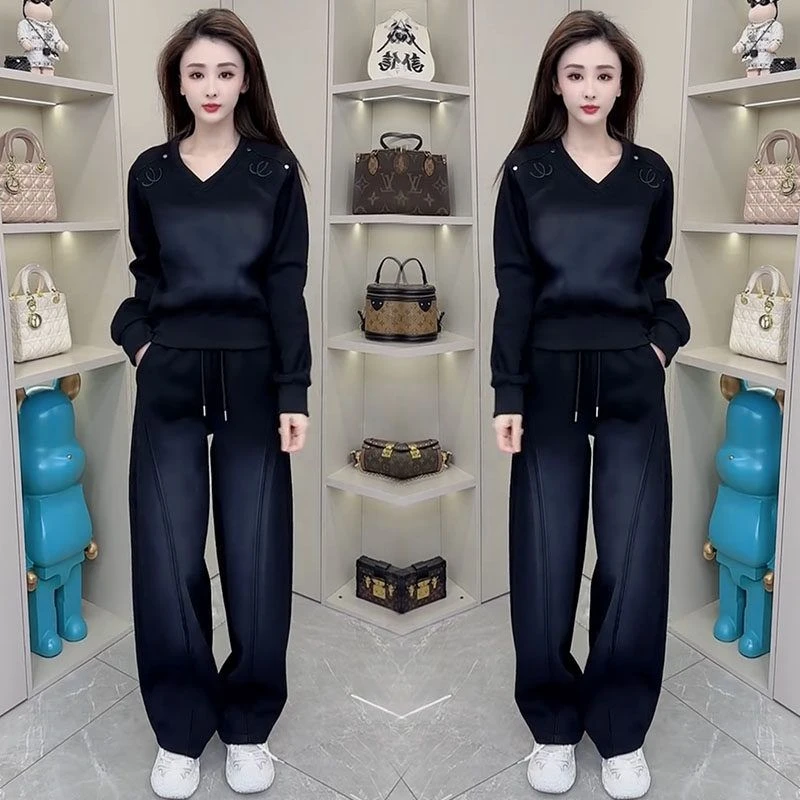 休闲运动套装女2026早春新款宽松显瘦加厚V领卫衣阔腿裤两件套潮
