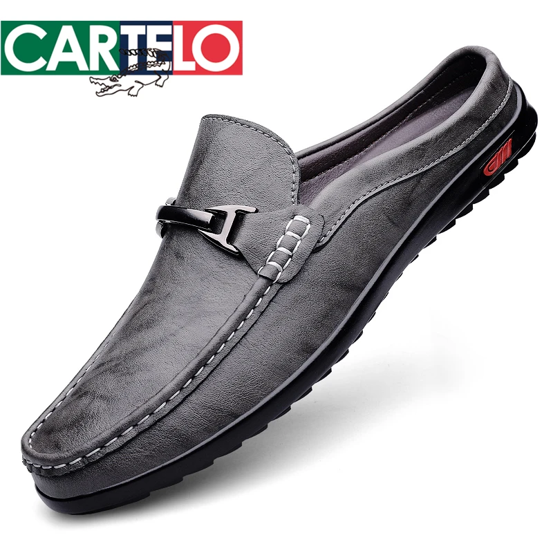 CARTELO/卡帝乐鳄鱼一脚蹬真皮豆豆鞋无后跟半拖鞋透气潮流百搭潮
