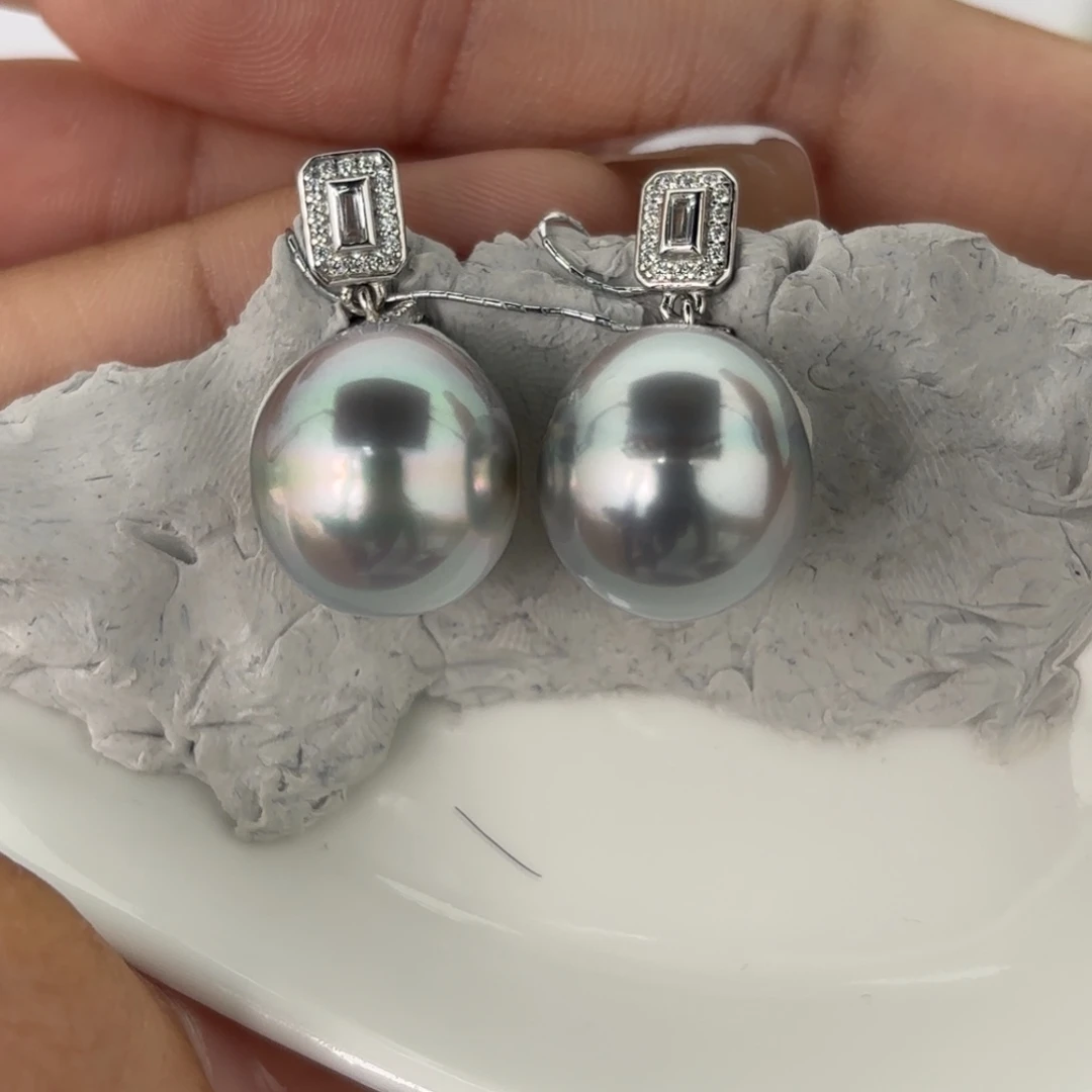 定制海水珍珠耳饰银S925镶嵌13-14铂金灰两颗