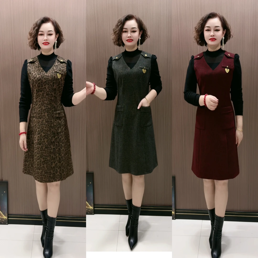 059款时尚洋气秋冬冬季连衣裙裙子气质长袖收腰中长款拼接连衣裙