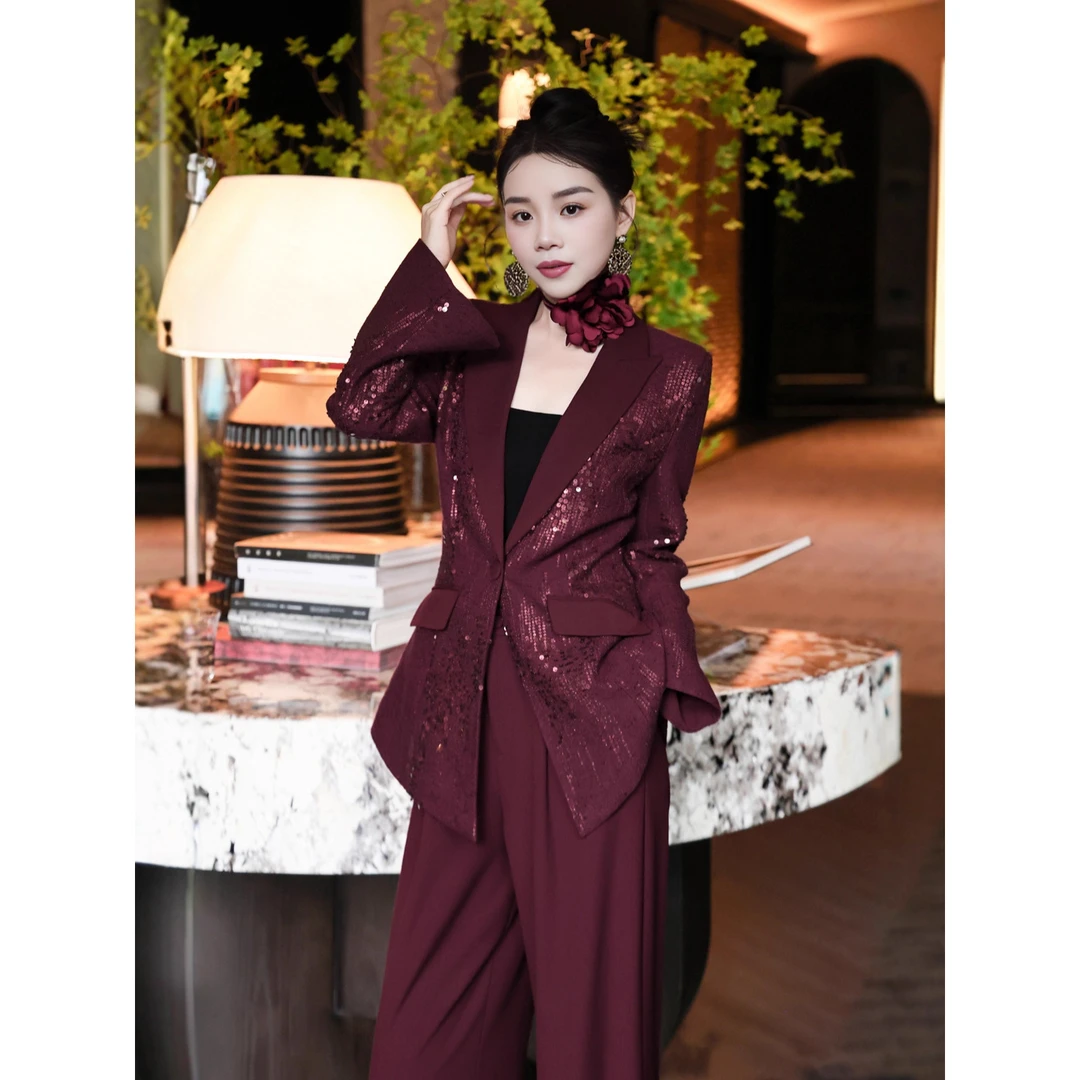 2025秋南油外贸撞色亮片西装套装女宴会配花朵西服阔腿长裤两件套