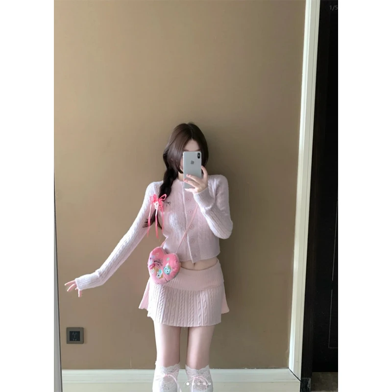 学院风开衫针织毛衣长袖2025秋季新款时尚气质显瘦高腰百褶半身裙