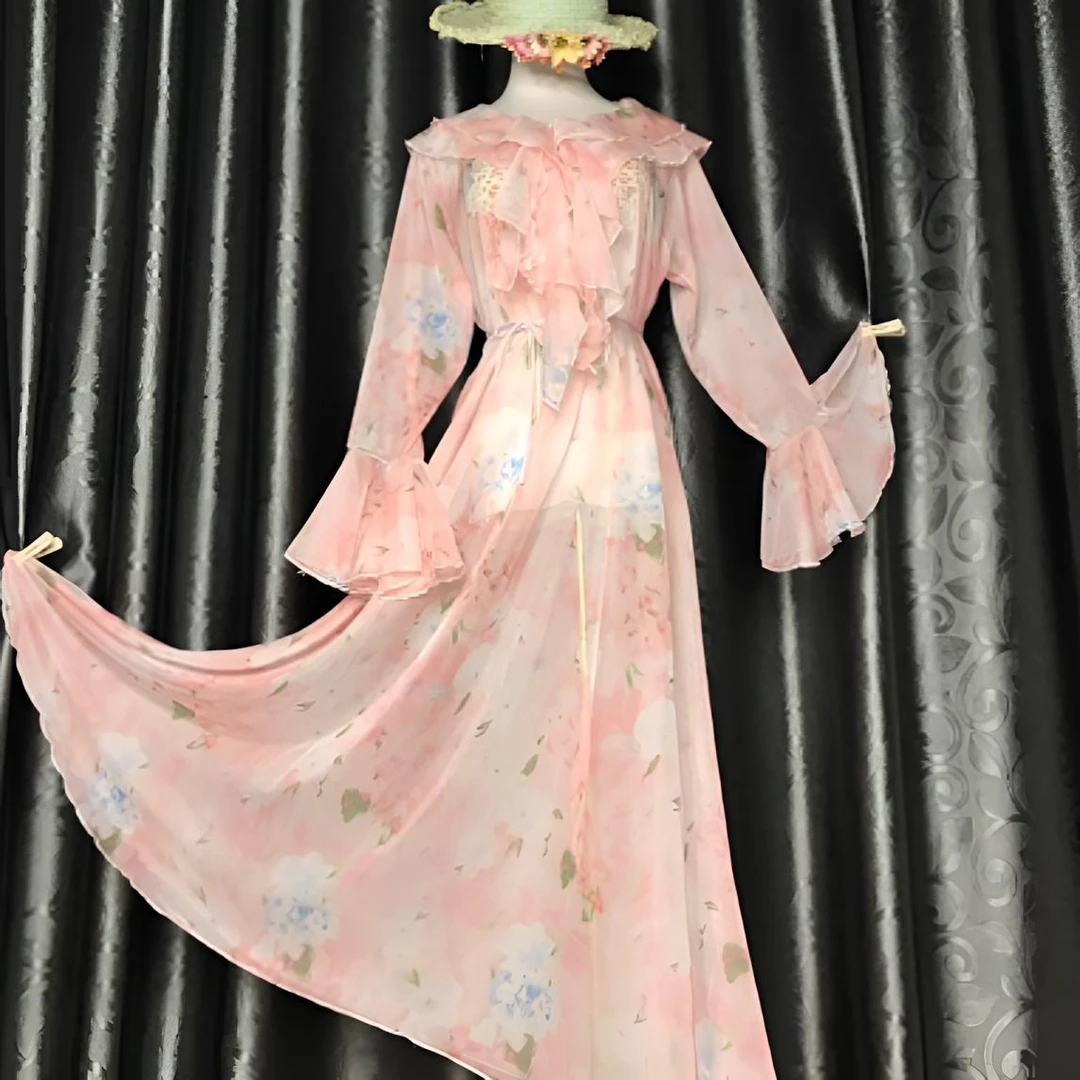 古风系喇叭袖荷叶领丝滑柔软透视性感连衣裙清新气质甜美超仙唯美