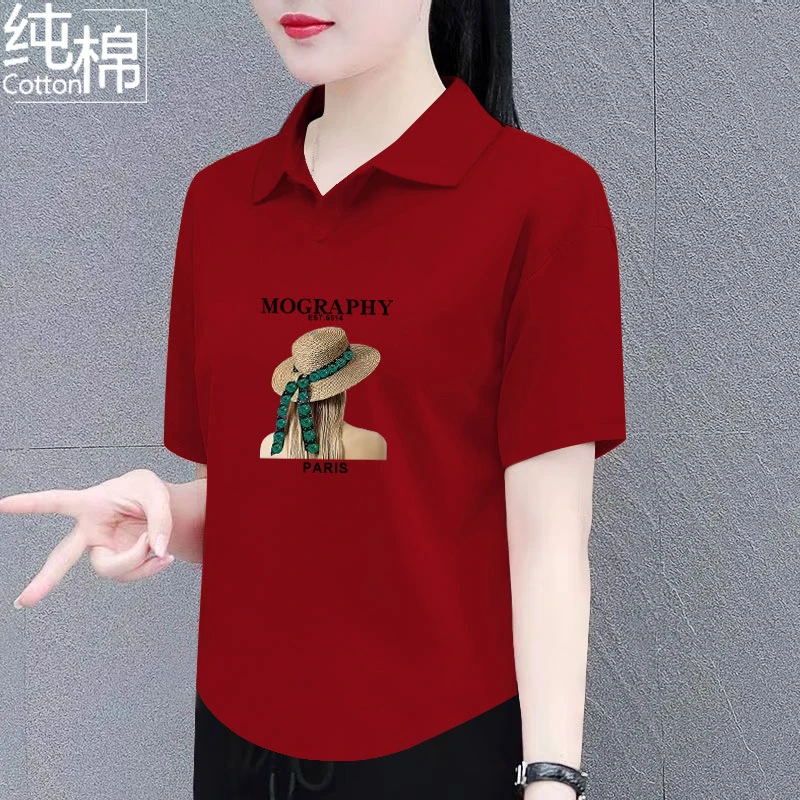 纯棉翻领短袖t恤女夏季新款休闲百搭宽松显瘦时尚洋气polo领上衣