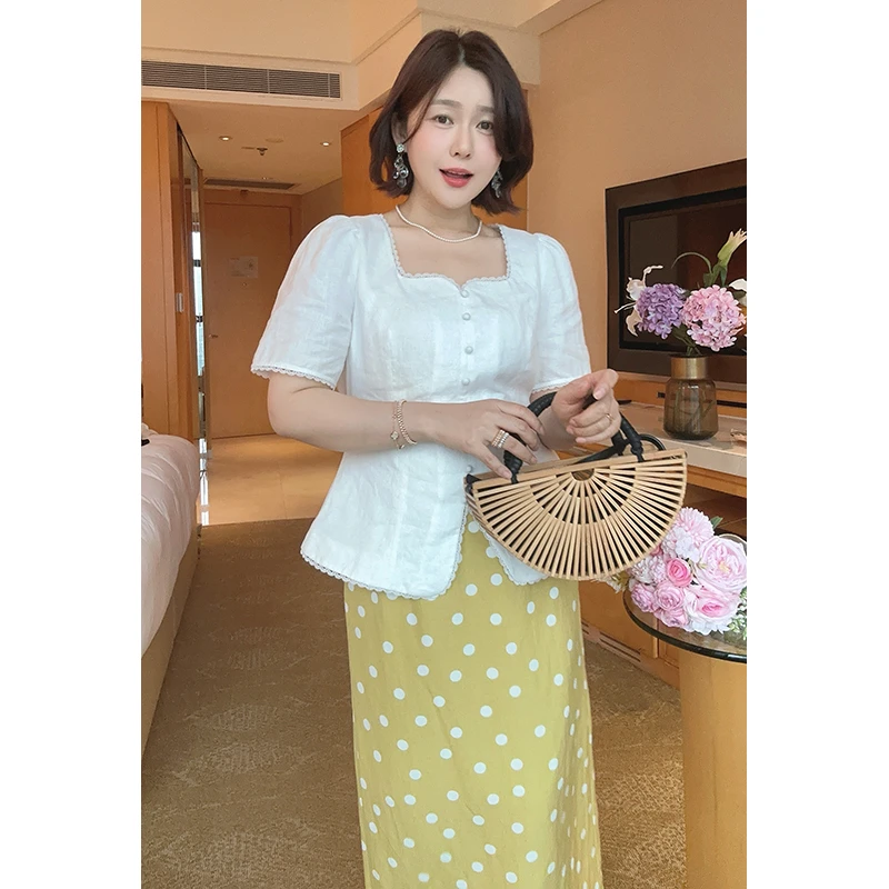 【智雅微胖定制】【夏日芙蕾】夏季百搭显瘦方领收腰衬衫Z525Y08645