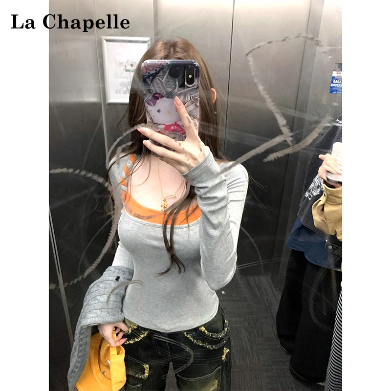 拉夏贝尔韩版纯欲风撞色扭结打底衫女秋冬时尚假两件长袖修身上衣