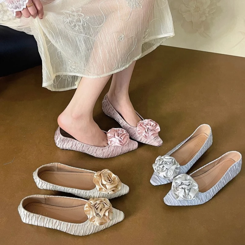 美猫汇真皮底韩版尖头山茶花2025新款法式一脚蹬百搭奶奶浅口单鞋