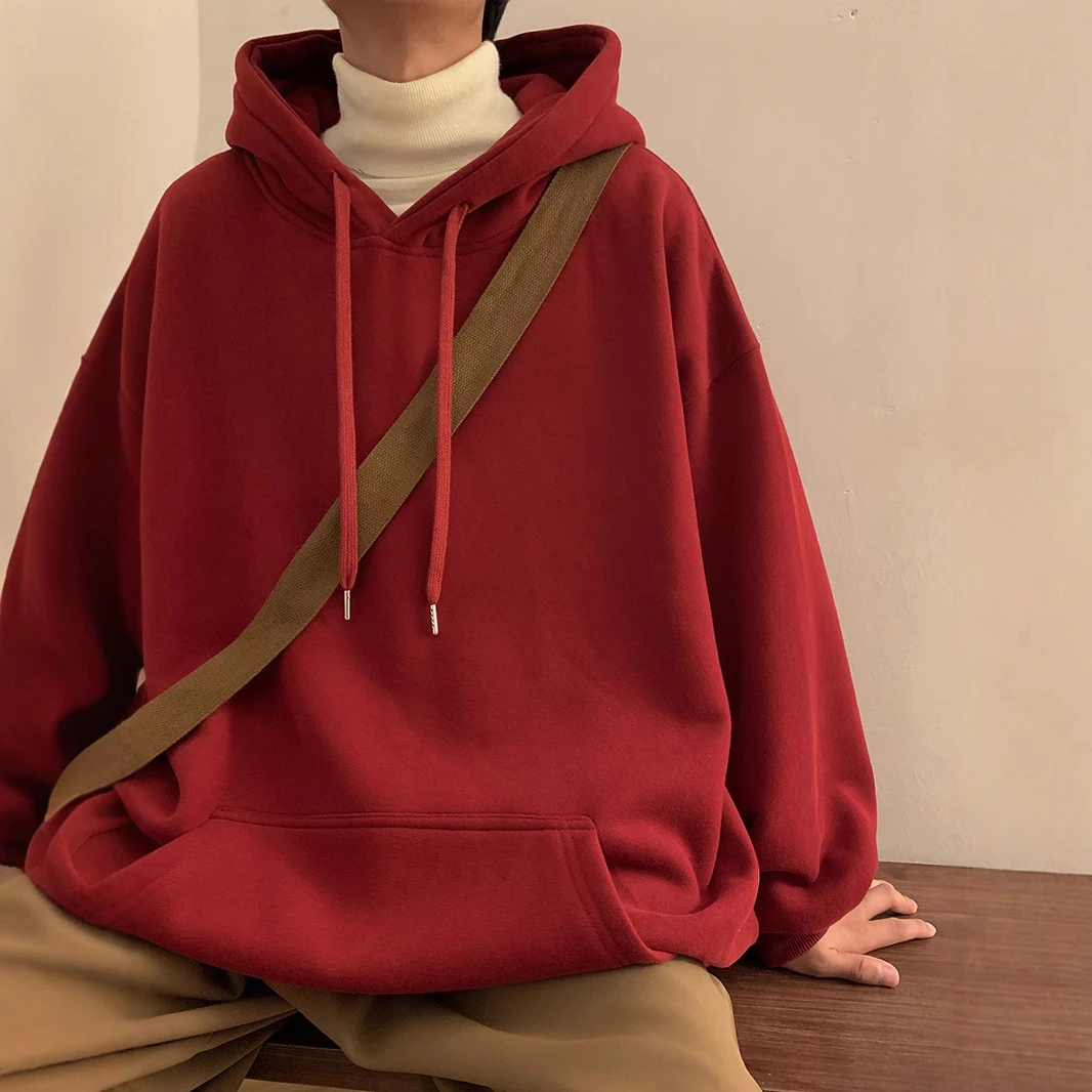 连帽卫衣男2025新款春秋款美式情侣重磅大码纯色上衣潮牌红色外套