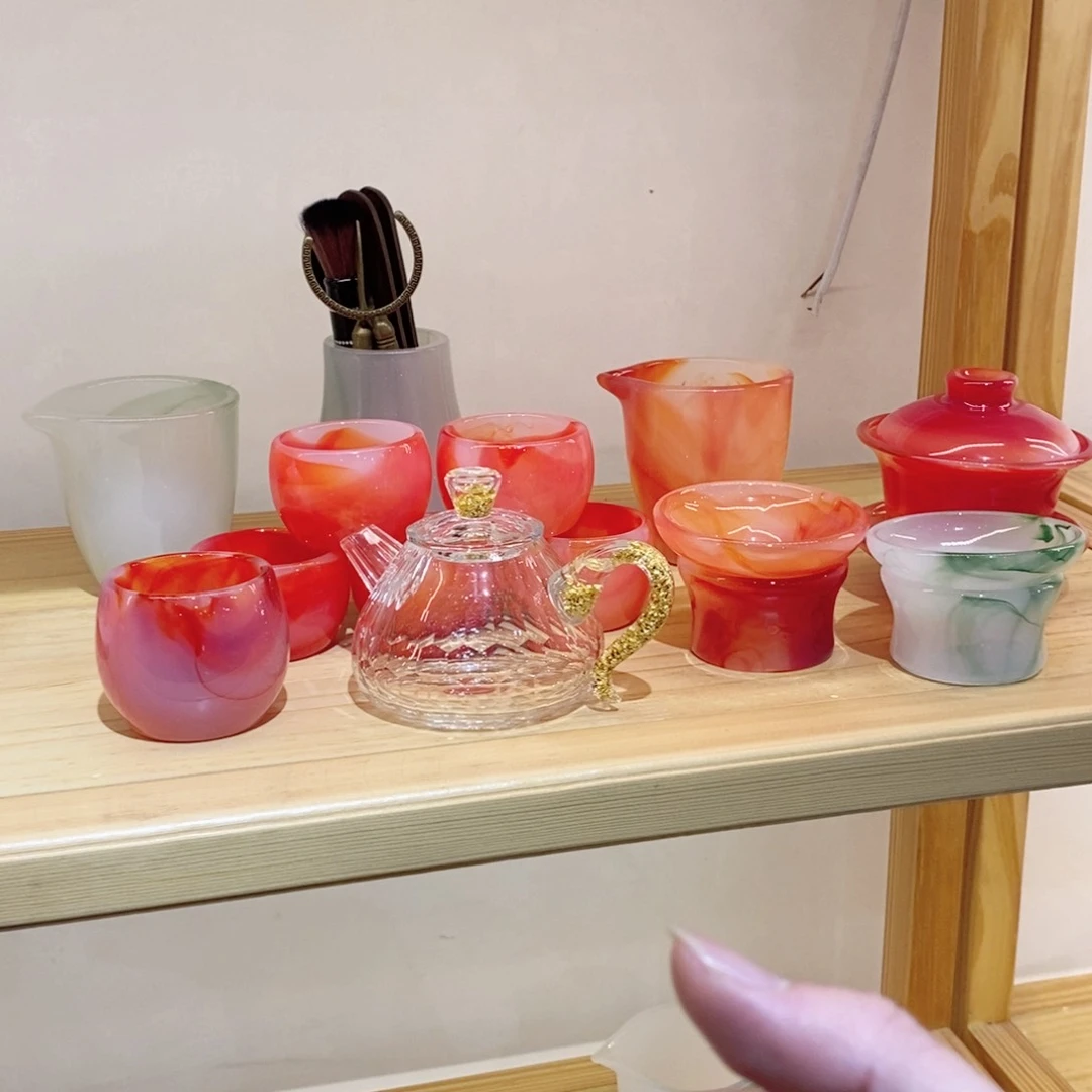 玛瑙套装 水晶壶 漂绿公杯 茶漏 6君子