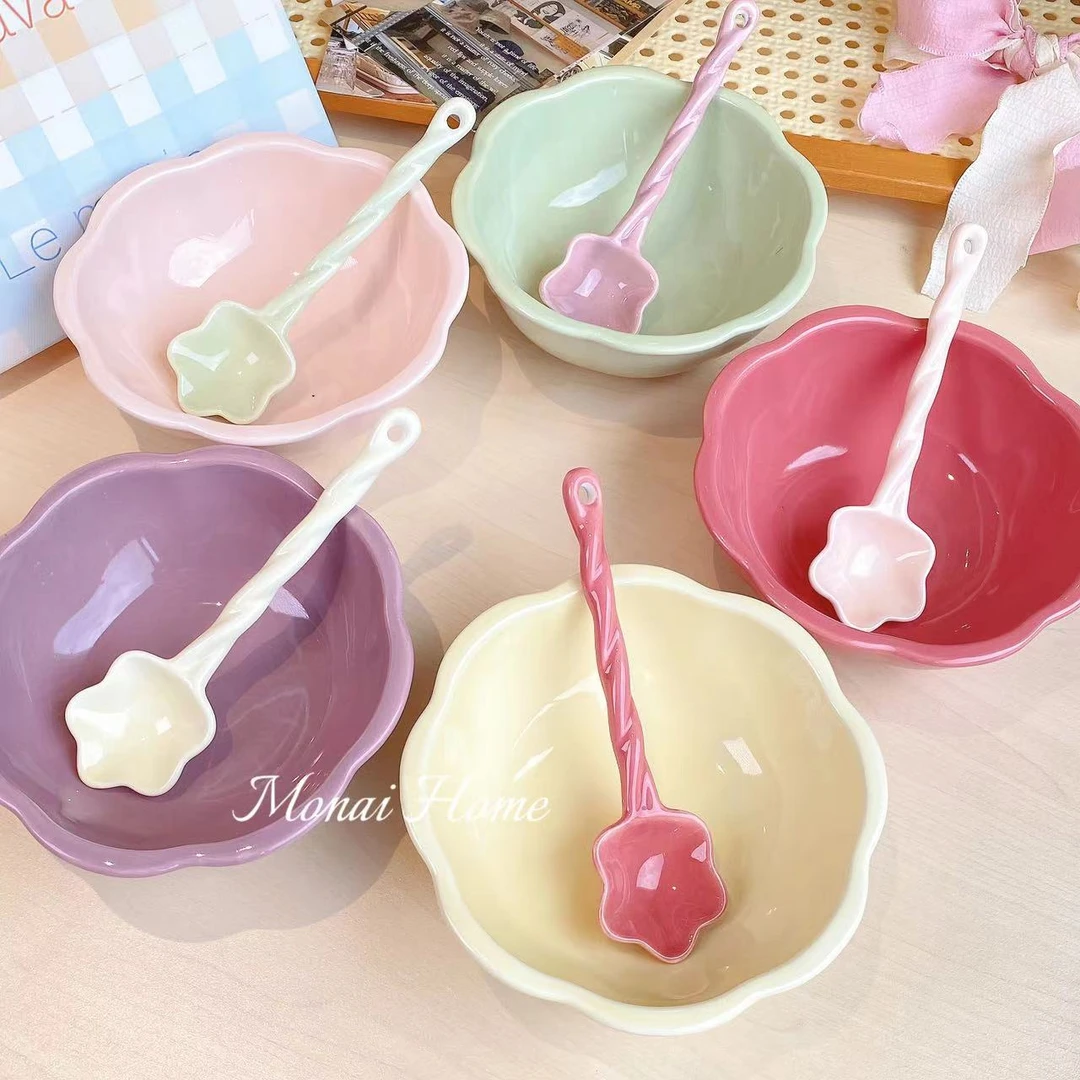 奶油风釉下彩陶瓷家用6英寸花型碗勺套装创意水果沙拉碗