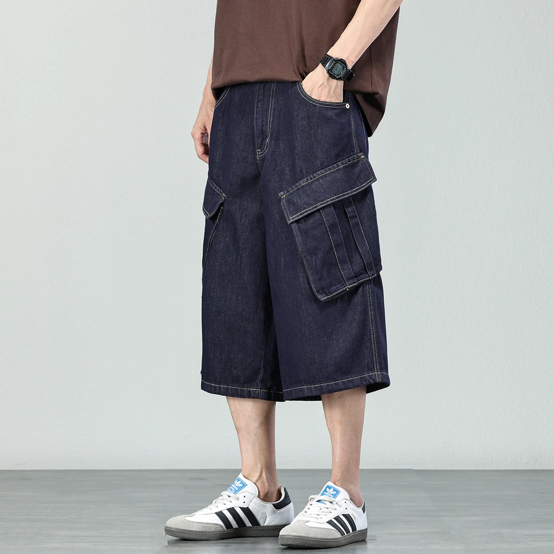 潮牌莱赛尔天丝牛仔短裤男款2025年夏季宽松大码休闲工装七分裤子