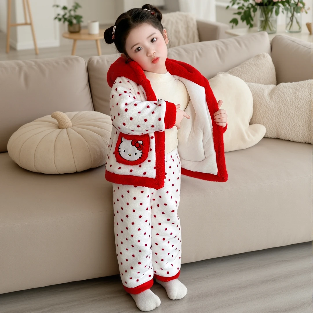 儿童法兰绒睡衣套装女童冬季三层夹棉加绒加厚冬款女孩圆点家居服
