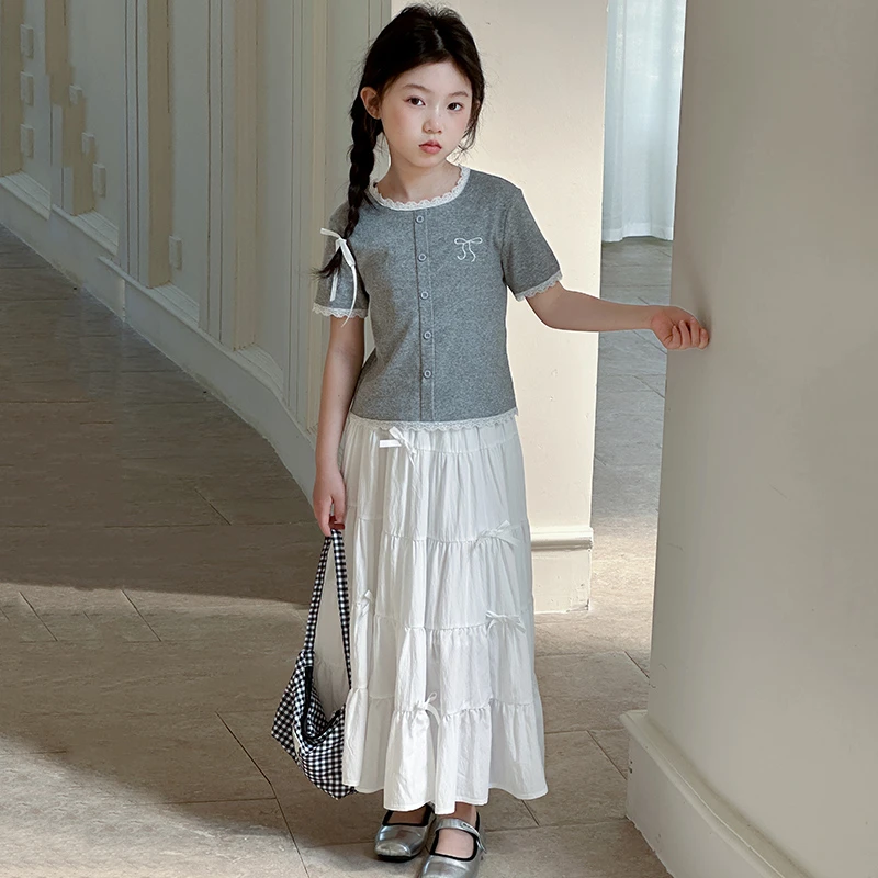 女童夏装套装新款中大童短袖开衫儿童蕾丝花边半身裙两件套6-15岁