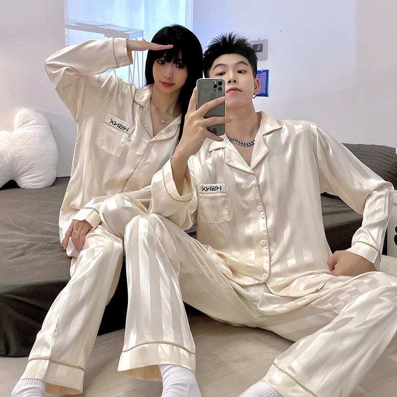 情侣睡衣女春秋季冰丝高级感薄款长袖凉感男士条纹夏天家居服套装