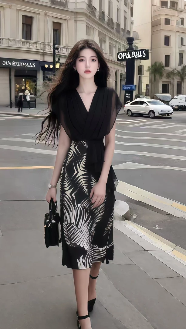 轻奢高端大气温柔风长裙黑色V领修身收腰包臀印花设计感连衣裙女