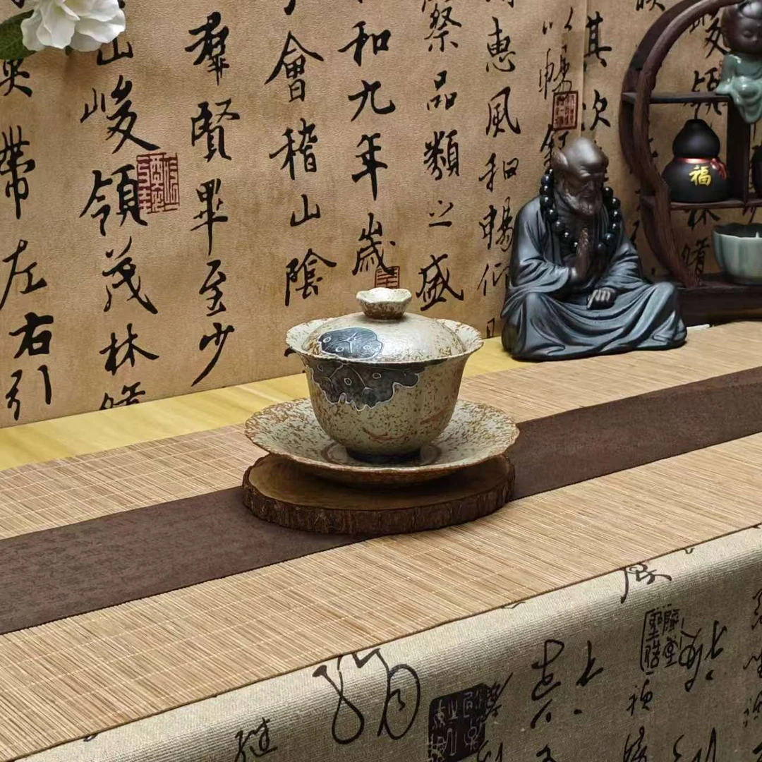 青花火石红手绘荷花三才盖碗单个复古手工高档家用陶瓷功夫茶具