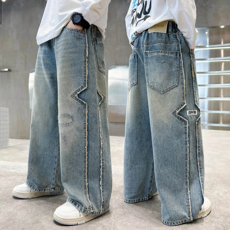 男童软牛仔裤春秋款2025新款儿童直筒宽松痞帅风浅色炸街裤子潮酷