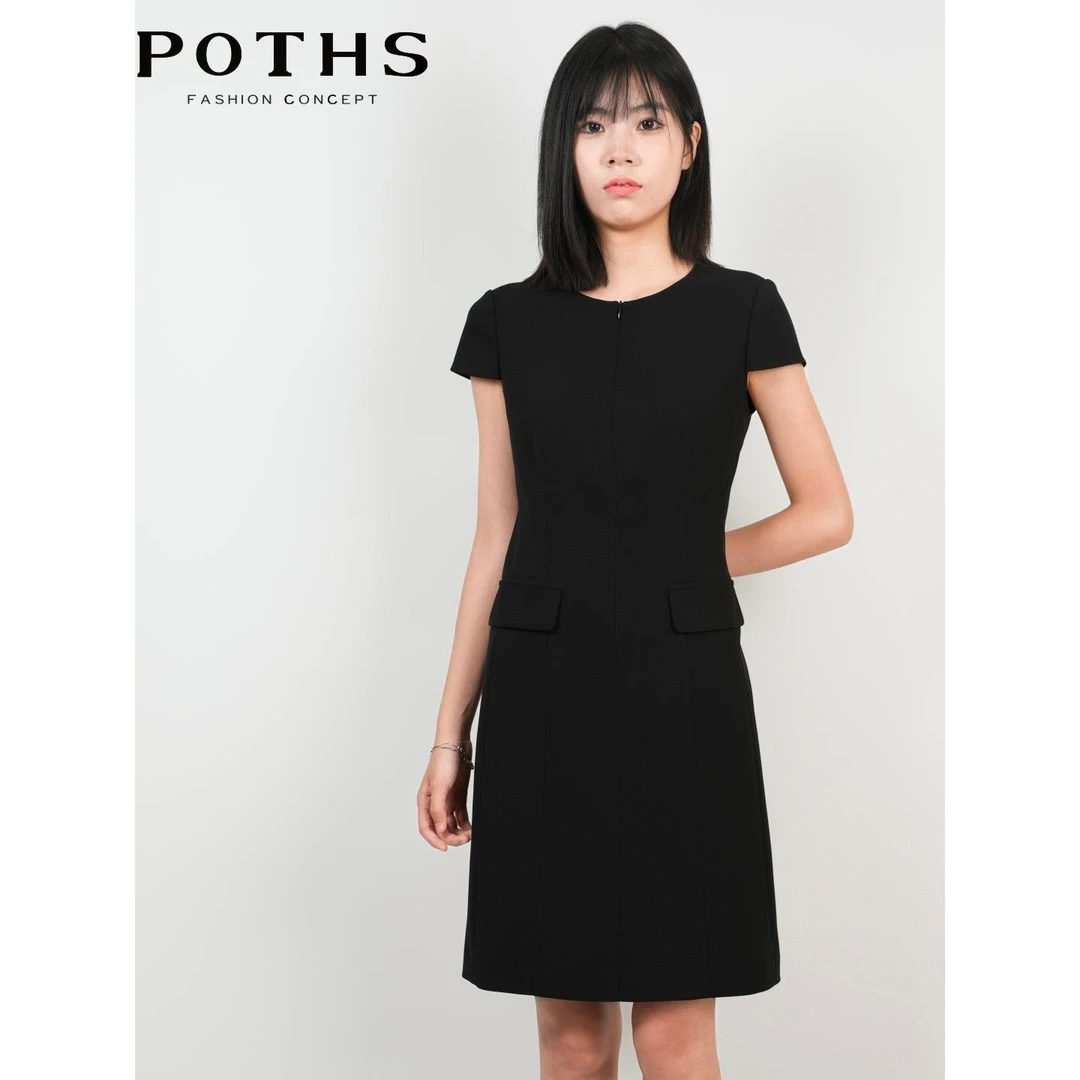 POTHS/铂玺2025新款法式黑色法式气质A字连衣裙修身裙子85605178