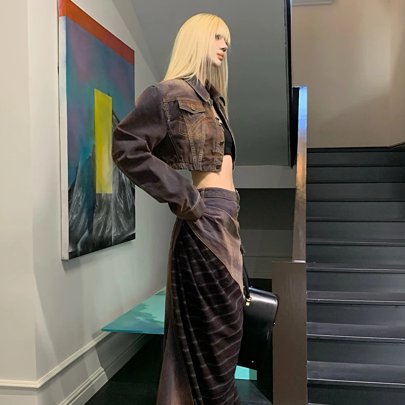 Rase le sol‘Modern Melody’短款牛仔外套解构拼接半身裙套装