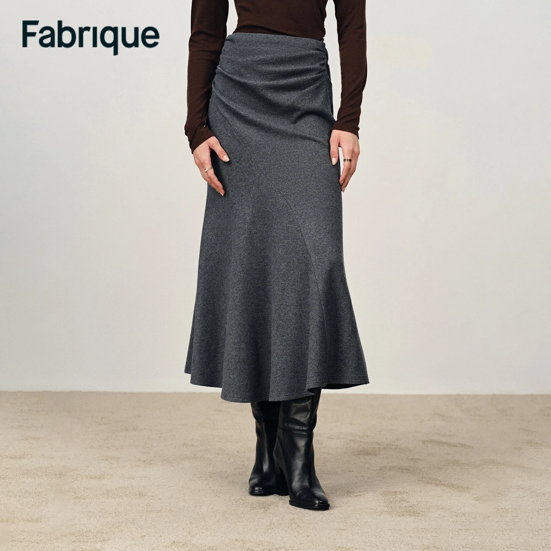 Fabrique Arlene 秋冬新品烟灰色绵羊毛弹力褶皱包臀法式鱼尾半裙