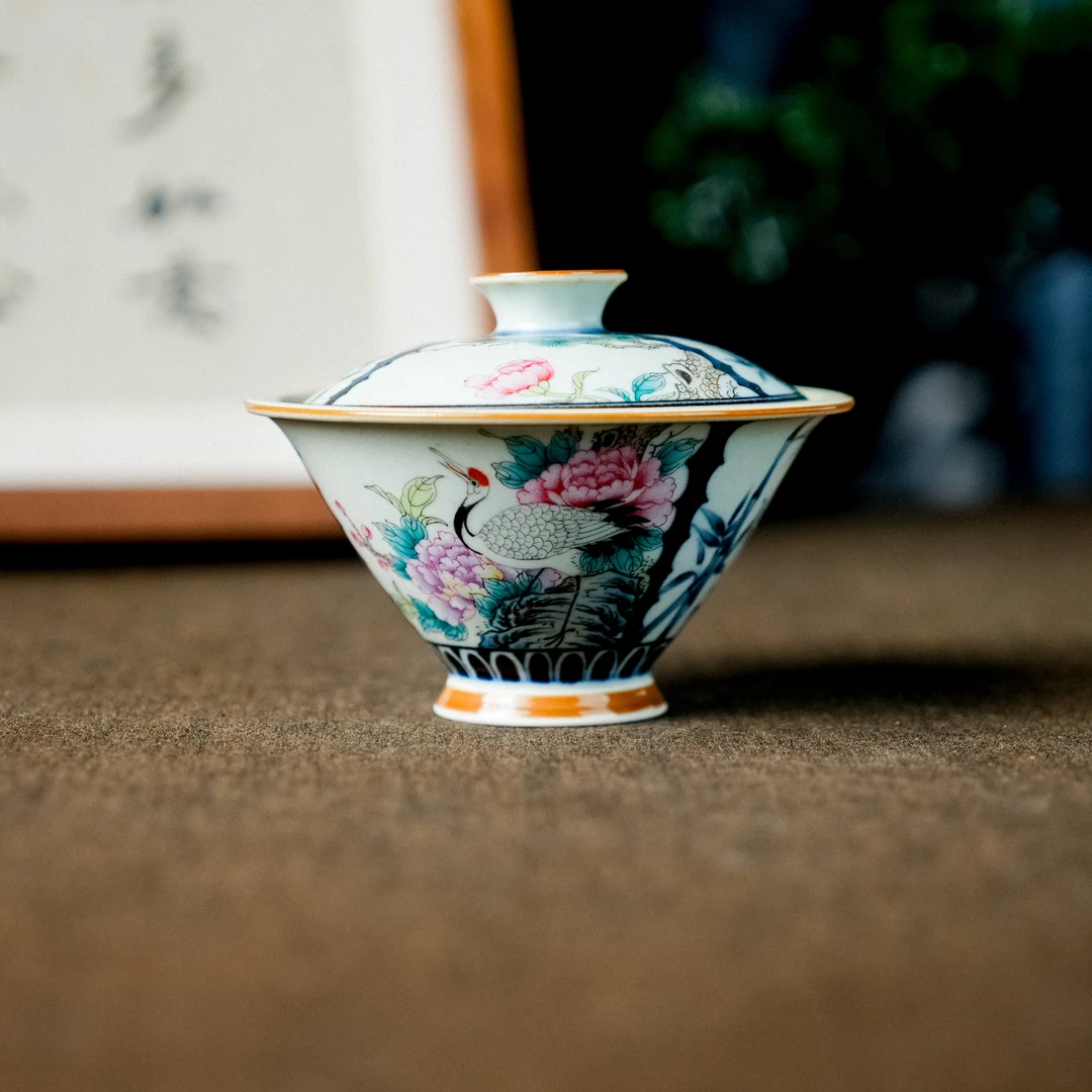 【霖溪】仙鹤牡丹斗笠盖碗  100ml（霖溪0085）