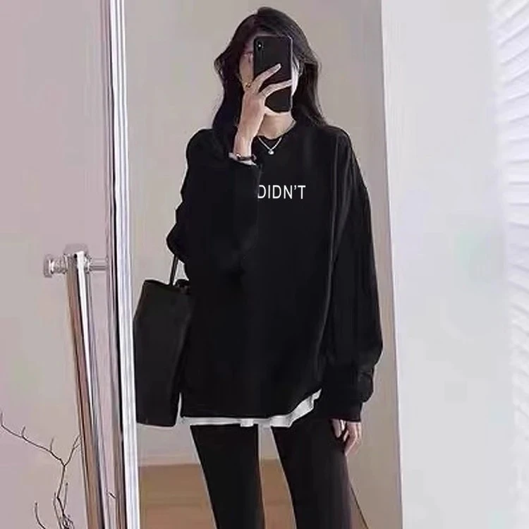 假两件圆领卫衣女2026秋冬新款宽松中长款遮屁股加绒加厚拼接上衣