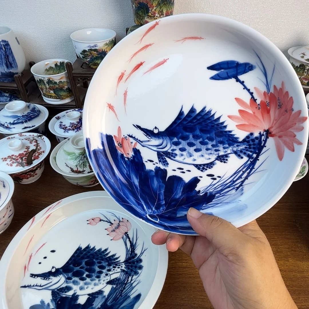 忠意堂釉下彩荷花鳜鱼壶承