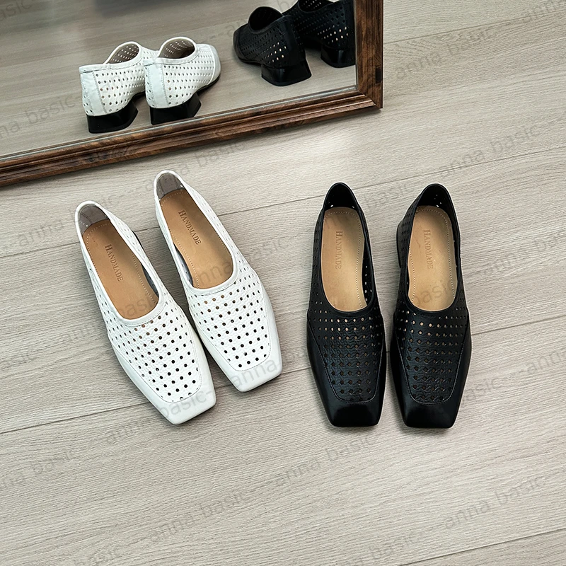 2cm/ALK1943牛皮平跟单鞋女春夏新款百搭镂空透气软皮平底妈妈鞋